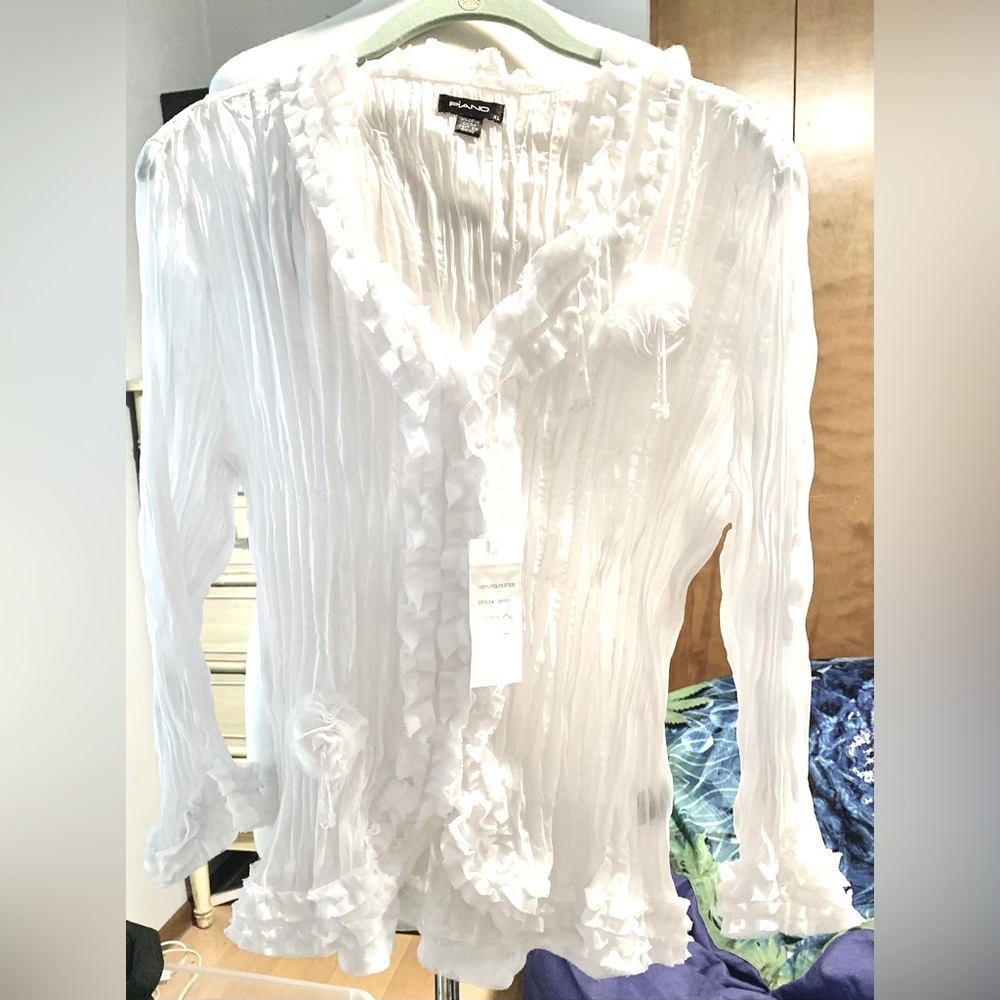 NWT - PIANO XL Accordion White Blouse With 3D Flowers, So Beautiful $35